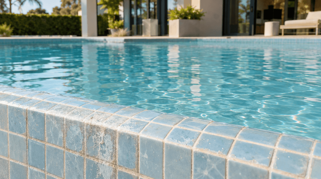 Pale blue pool waterline tiles meeting clear water with mineral buildup along the edge